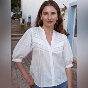 OPHELIA & INDIGIO Hattie Blouse, White, 100% Cotton, Puff Sleeve, Lace,  Sz S